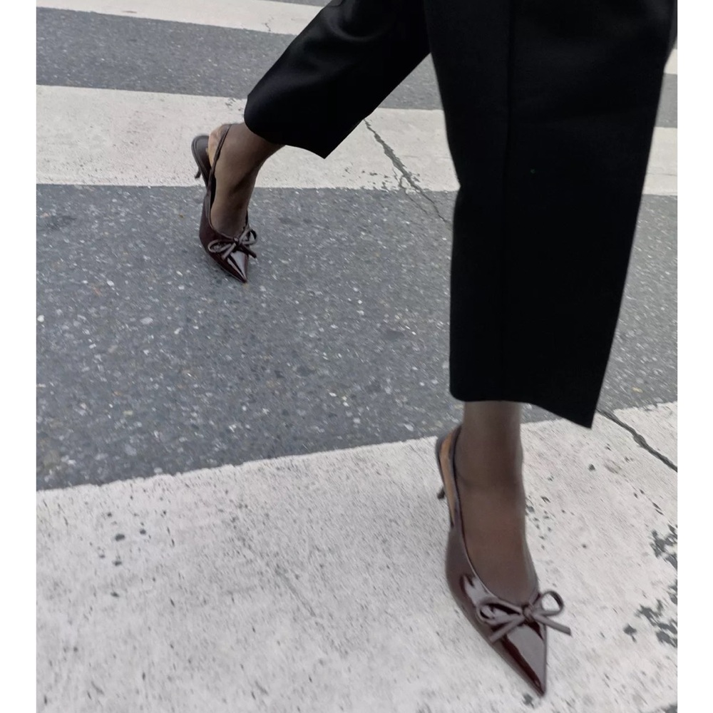 Zara NWT brown bow heeled patent slingback heels - Picture 6 of 7